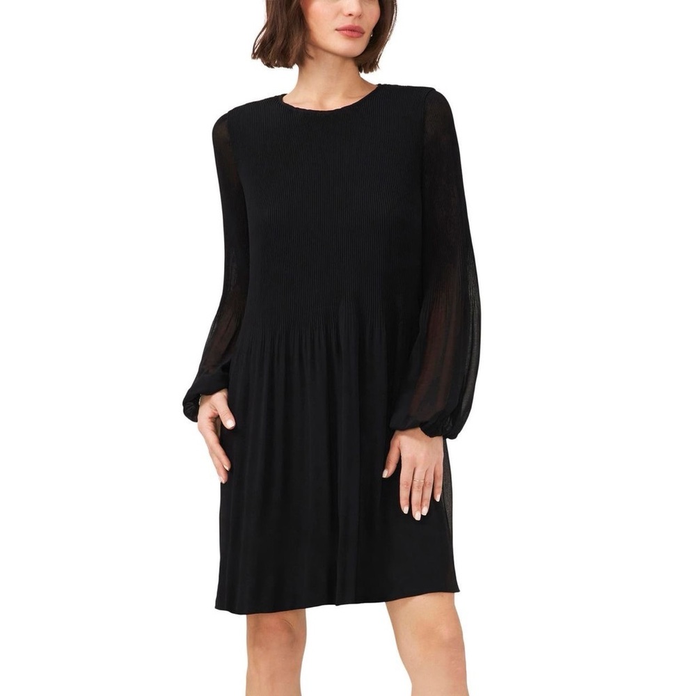 HALOGEN I NWT Plissé Long Sleeve Dress, Black